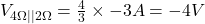 V_{4 \Omega || 2 \Omega}=\frac{4}{3} \times -3 A= -4 V