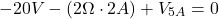 \[-20V - (2\Omega \cdot 2A) + V_{5A} = 0\]