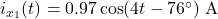 i_{x_1}(t)=0.97 \cos (4t-76^{\circ}) ~ \text{A}