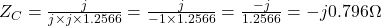 Z_C=\frac{j}{j \times j \times 1.2566}=\frac{j}{-1 \times 1.2566}=\frac{-j}{1.2566}=-j0.796 \Omega