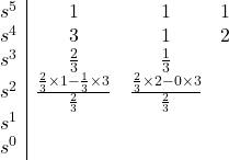 \begin{array}{l | c c c}s^5 &1 & 1 & 1 \\ s^4 &3 & 1 & 2 \\ s^3 & \frac{2}{3} & \frac{1}{3} & \\ s^2 & \frac{\frac{2}{3} \times 1 - \frac{1}{3} \times 3}{\frac{2}{3}} & \frac{\frac{2}{3} \times 2 - 0 \times 3}{\frac{2}{3}} & \\s^1 & \\s^0 &\end{array}