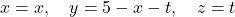\[x = x, \quad y = 5 - x - t, \quad z = t\]